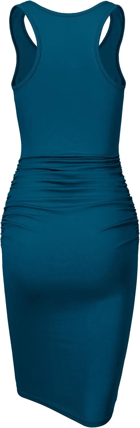 Missufe Women's Sleeveless Racerback Tank Ruched Bodycon Sundress Midi Fitted Casual Dress