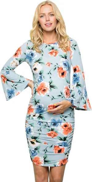 My Bump Women's Maternity Dress - Printed Fitted Stretch Bell Sleeve W/Ruched