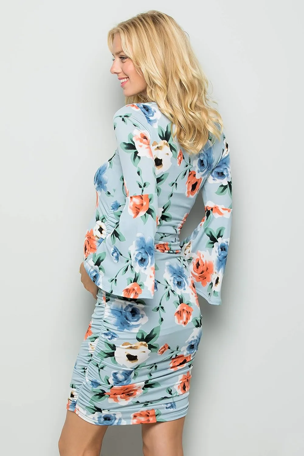 My Bump Women's Maternity Dress - Printed Fitted Stretch Bell Sleeve W/Ruched