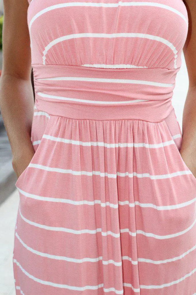 Pink Striped Strapless Maxi Dress