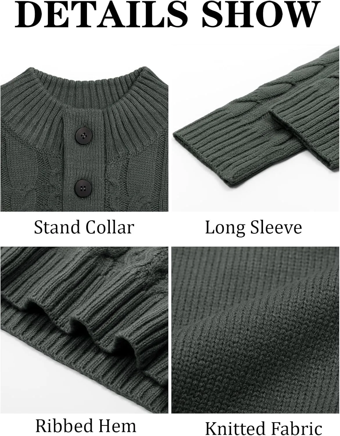 Runcati Mens Cable Knit Pullover Sweater Casual Stand Collar Chunky Buttons Fall Winter Sweaters