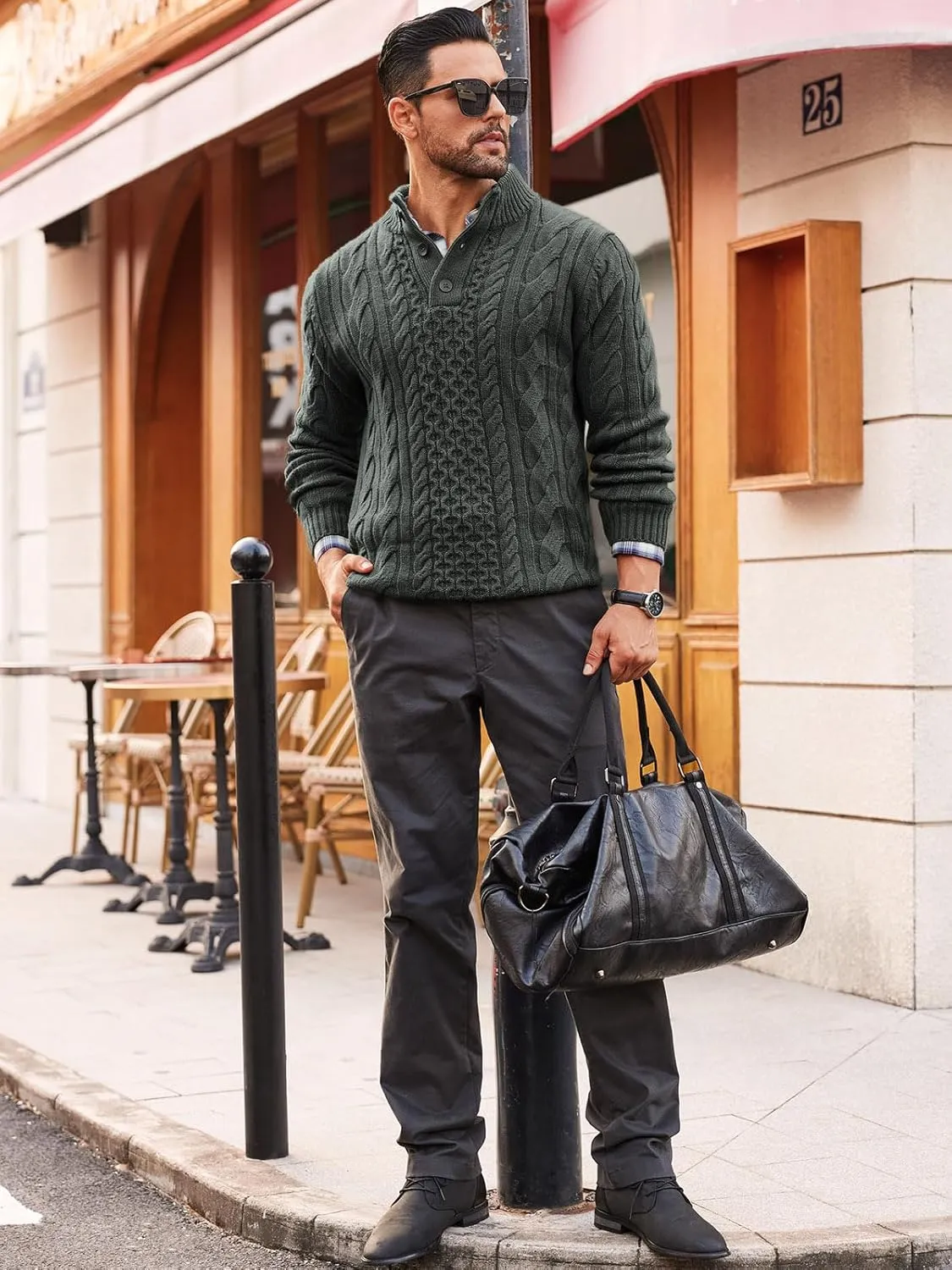 Runcati Mens Cable Knit Pullover Sweater Casual Stand Collar Chunky Buttons Fall Winter Sweaters