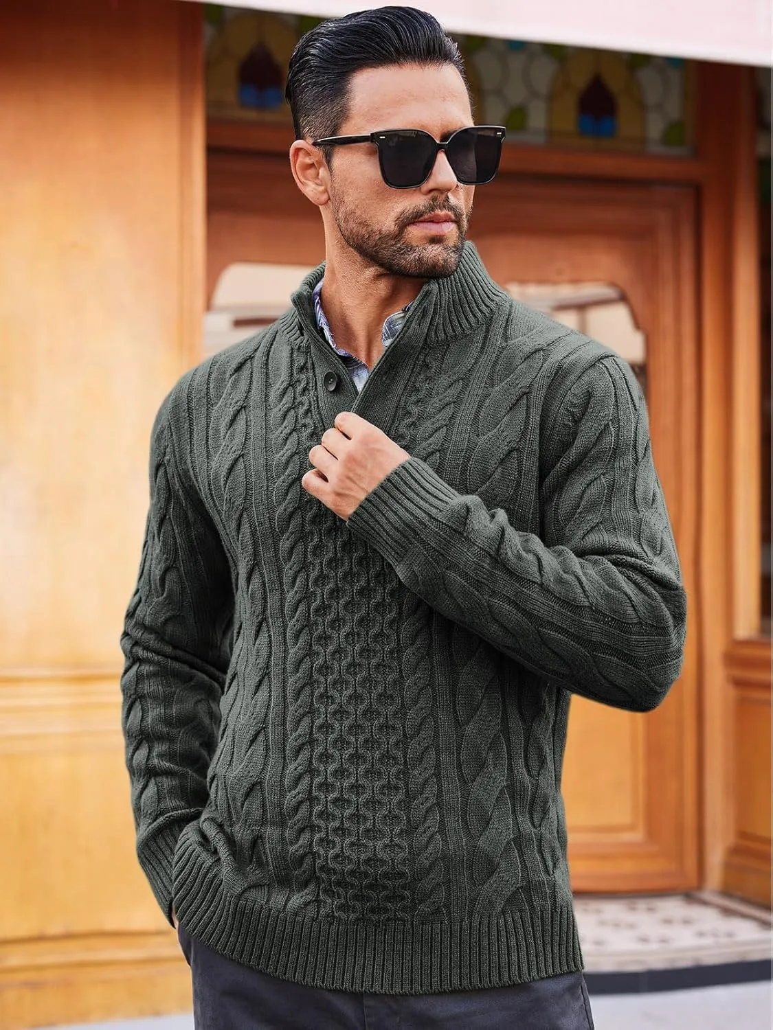 Runcati Mens Cable Knit Pullover Sweater Casual Stand Collar Chunky Buttons Fall Winter Sweaters