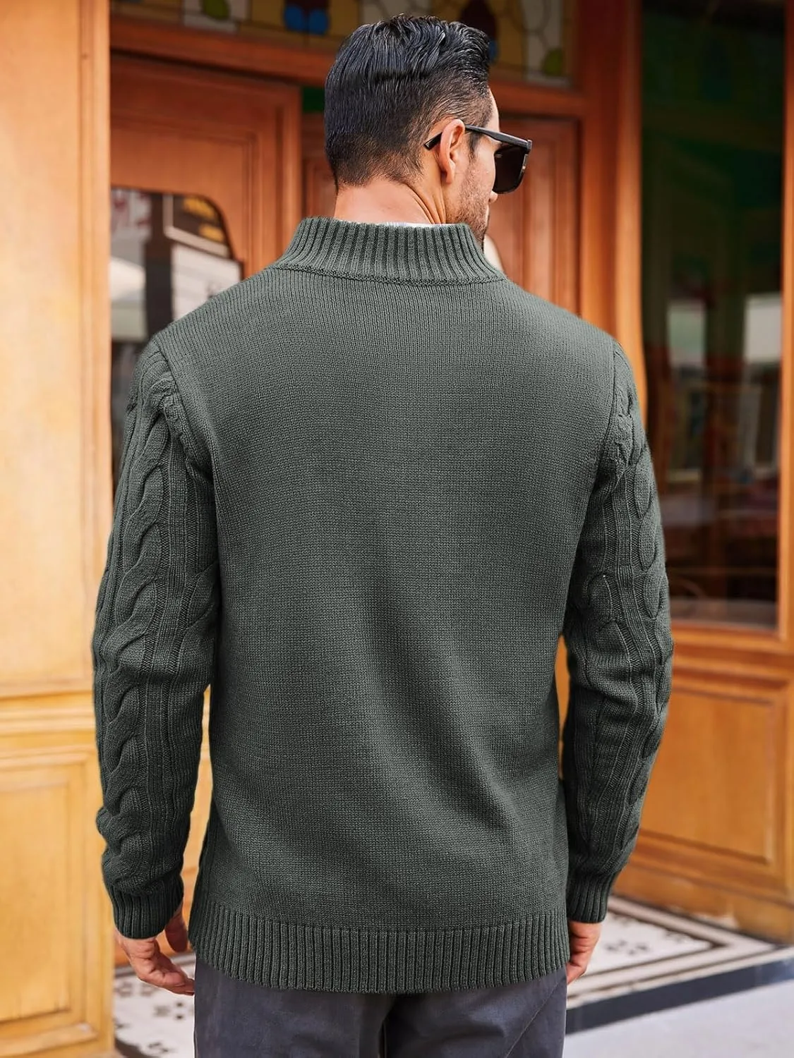 Runcati Mens Cable Knit Pullover Sweater Casual Stand Collar Chunky Buttons Fall Winter Sweaters
