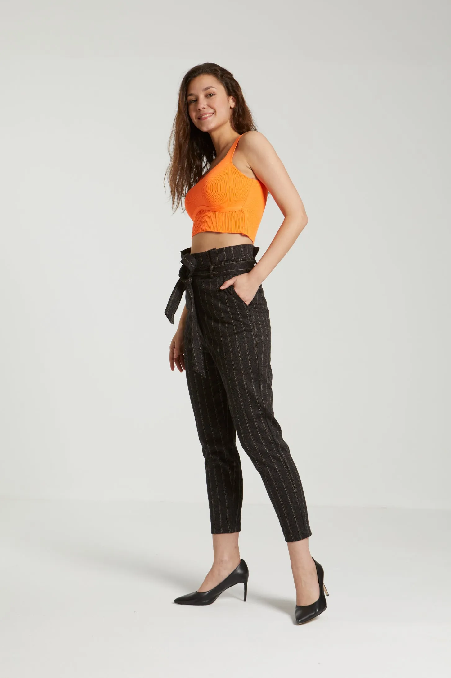 STRIPED PAPERBAG BELTED PANTS