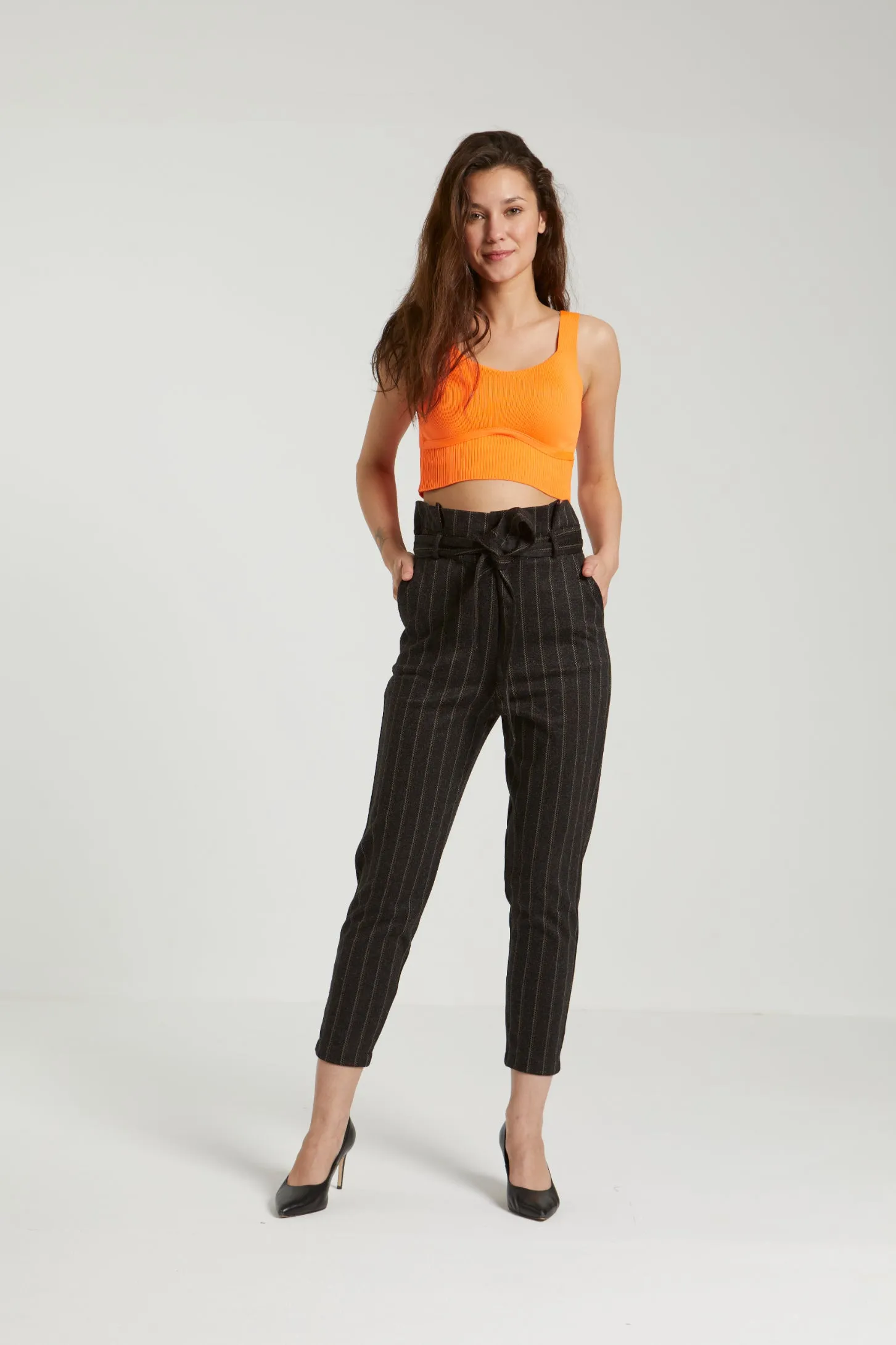 STRIPED PAPERBAG BELTED PANTS