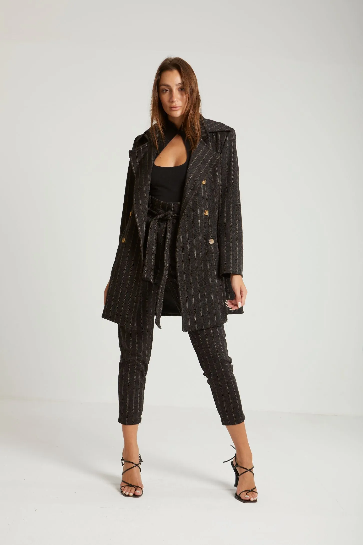 STRIPED PAPERBAG BELTED PANTS