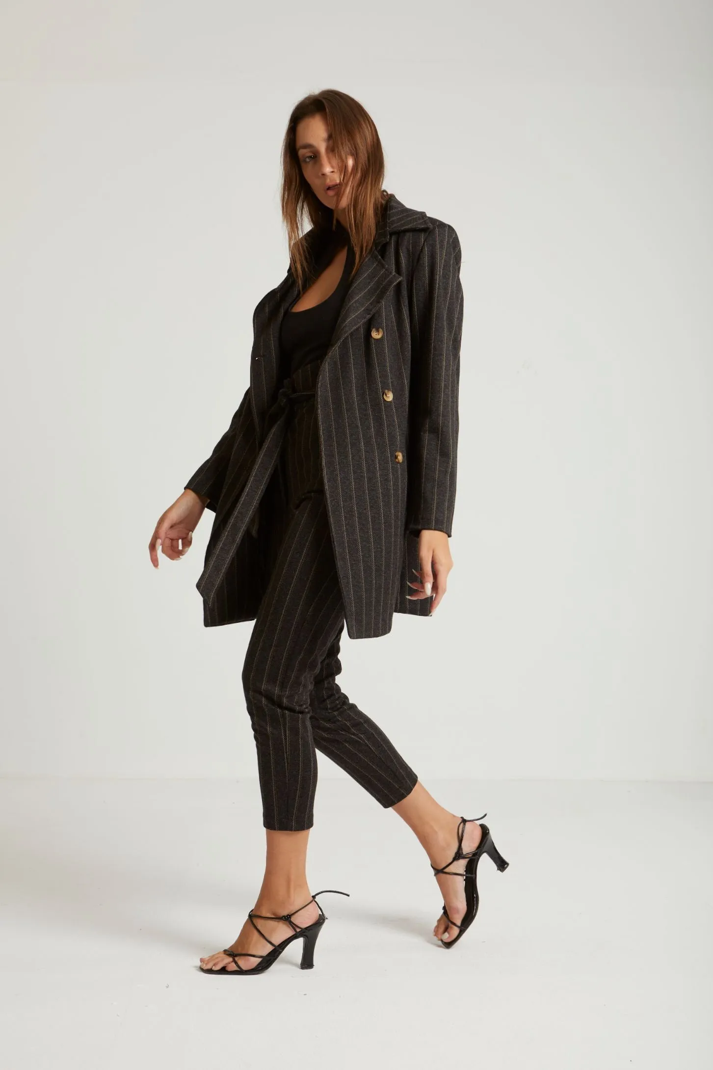 STRIPED PAPERBAG BELTED PANTS