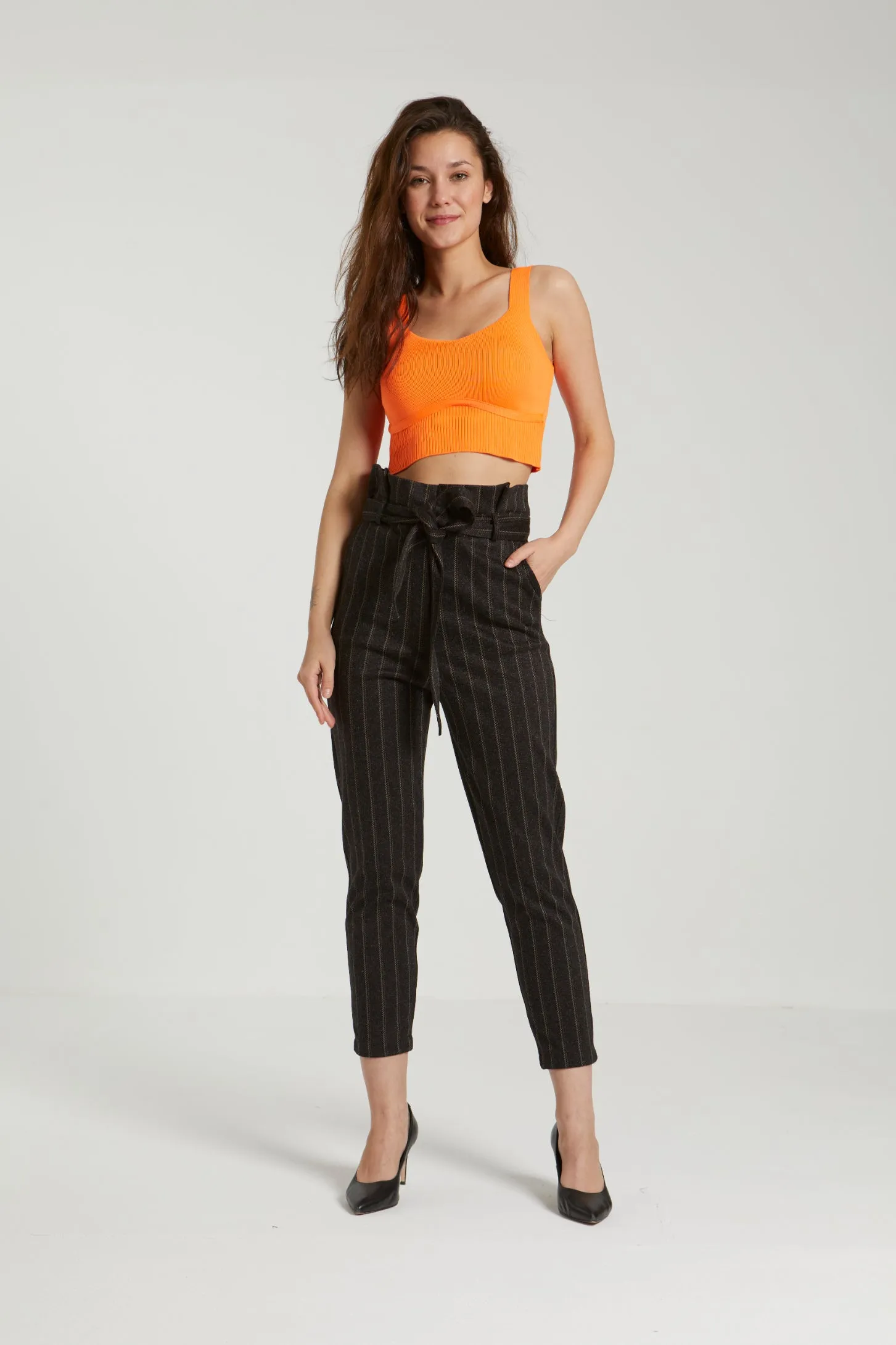 STRIPED PAPERBAG BELTED PANTS