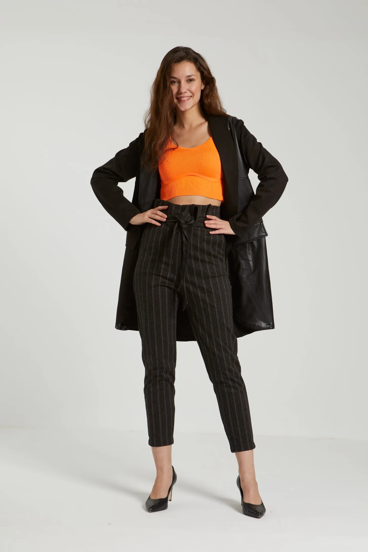 STRIPED PAPERBAG BELTED PANTS
