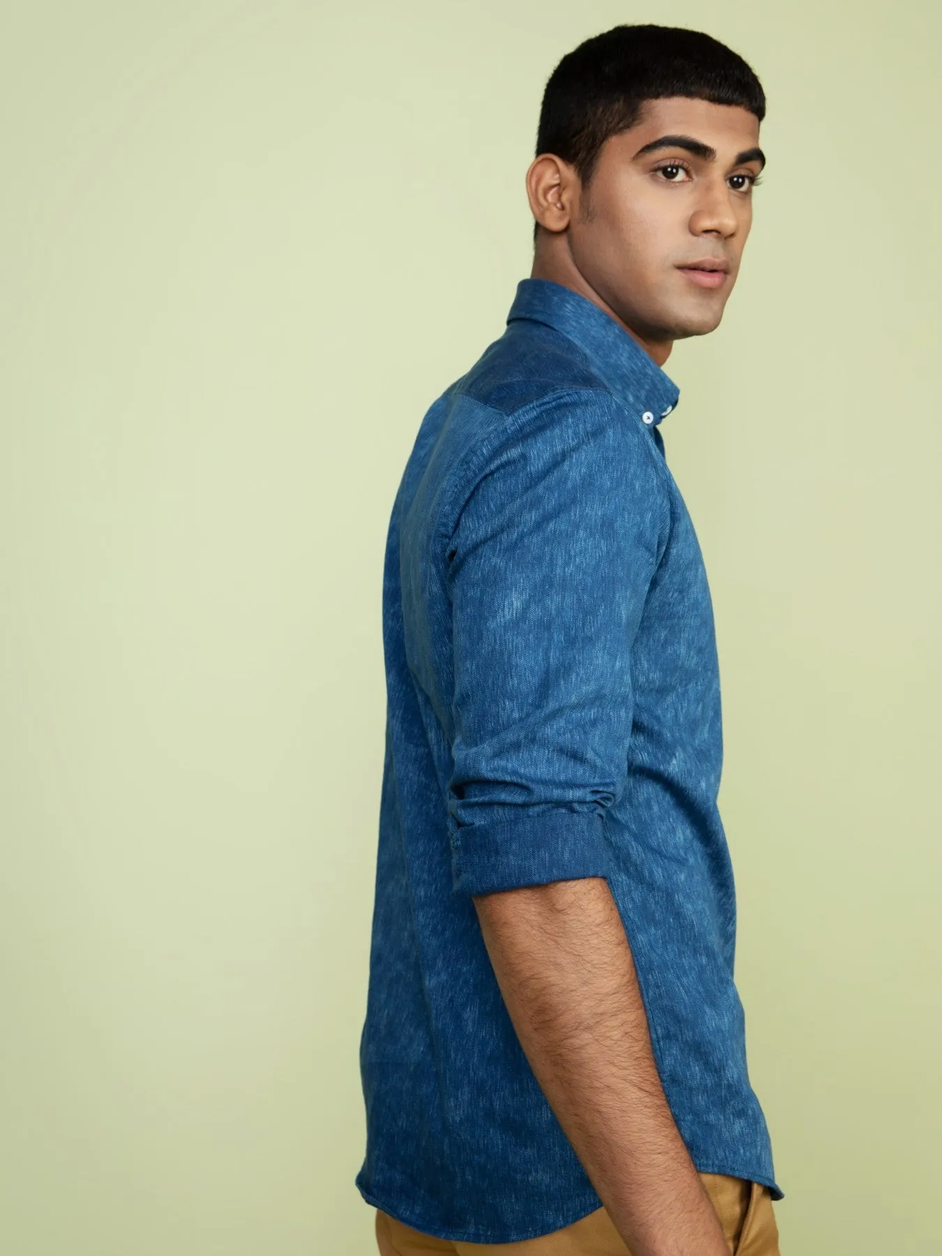 Turtle Medium Blue Mandarin Lycra Shirt For Men