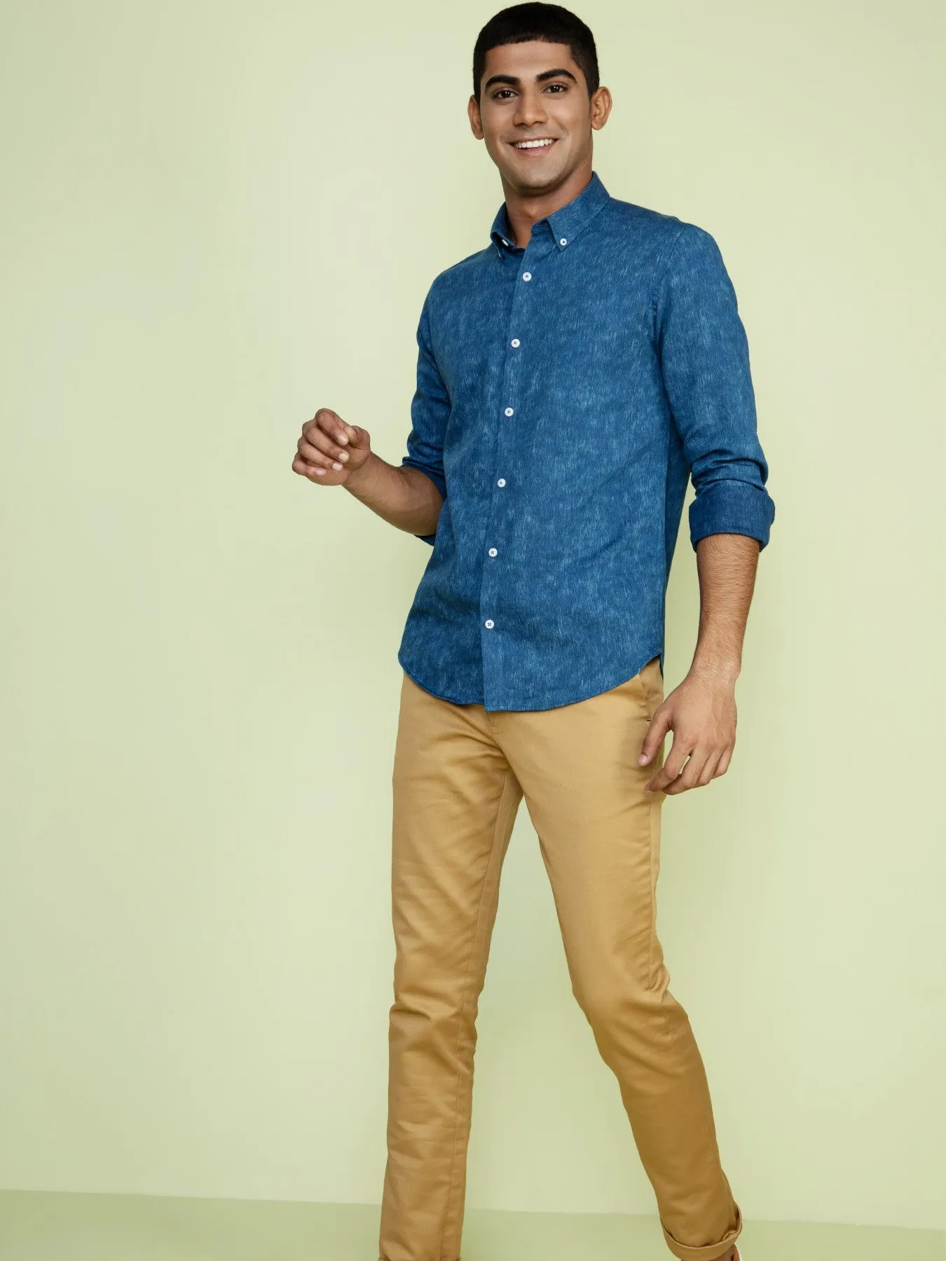 Turtle Medium Blue Mandarin Lycra Shirt For Men