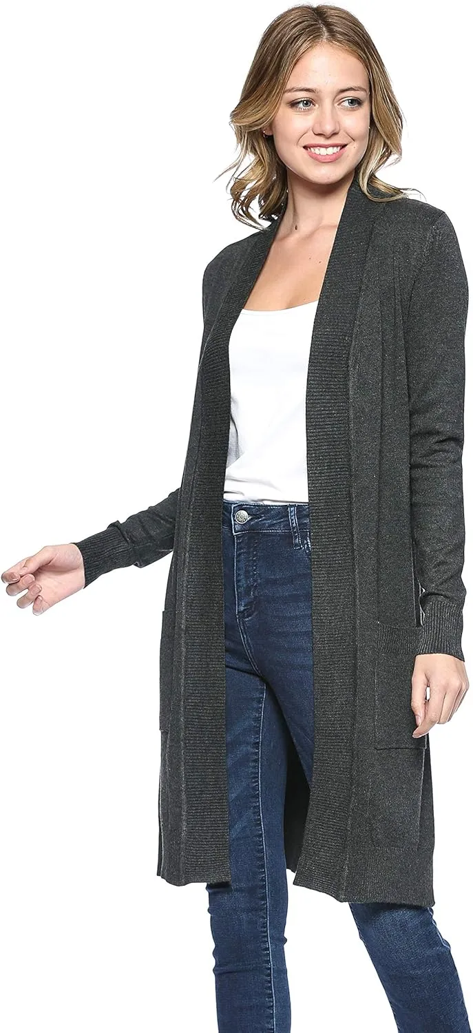 Urban Look Women's Long Sleeve Classic Open Front Knit Long Cardigan