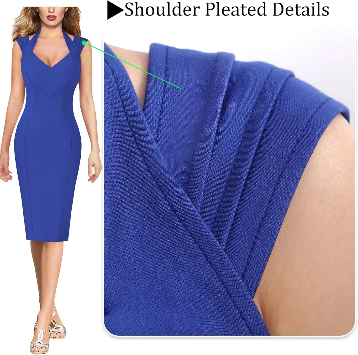 VFSHOW Womens Halter V Neck Pleated Fitted Cocktail Party Bodycon Pencil Dress