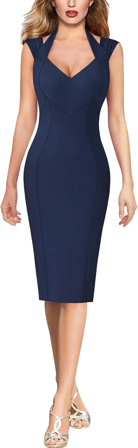 VFSHOW Womens Halter V Neck Pleated Fitted Cocktail Party Bodycon Pencil Dress
