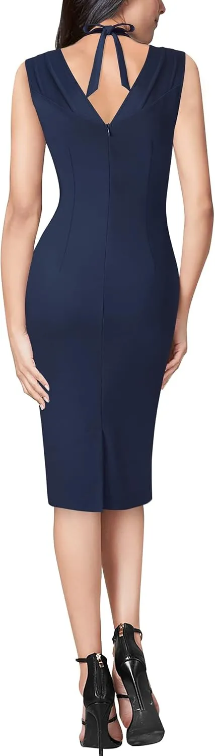VFSHOW Womens Halter V Neck Pleated Fitted Cocktail Party Bodycon Pencil Dress