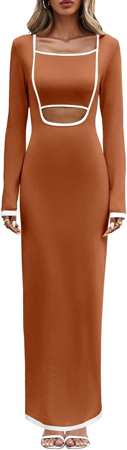 Wenrine Womens Cut Out Knit Maxi Dress Fall Long Sleeve Casual Bodycon Sweater Dresses