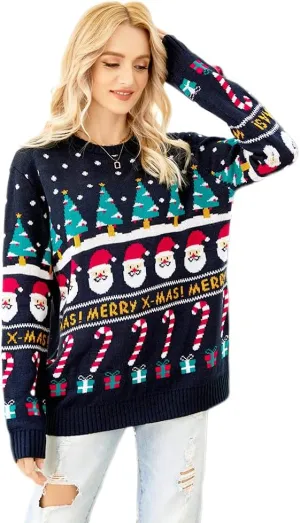 Women's Christmas Top Long Sleeve Round Neck Santa Claus Knitted Sweater Pullover Top