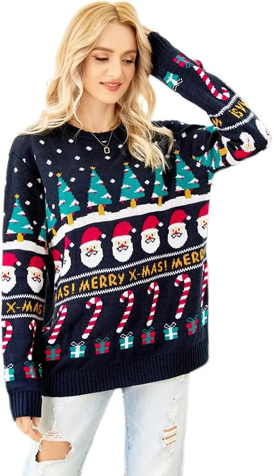 Women's Christmas Top Long Sleeve Round Neck Santa Claus Knitted Sweater Pullover Top