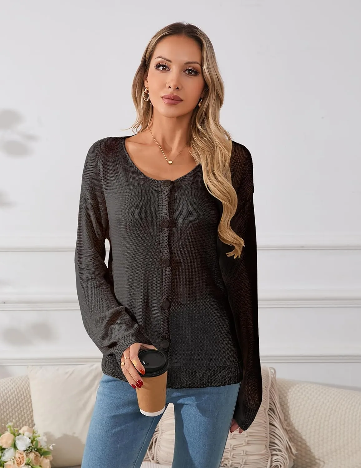 Womens Oversized Lightweight Sheer Button Cardigan Spring 2025 Trendy Solid Ribbed Knit Long Sleeve Thin Sweater
