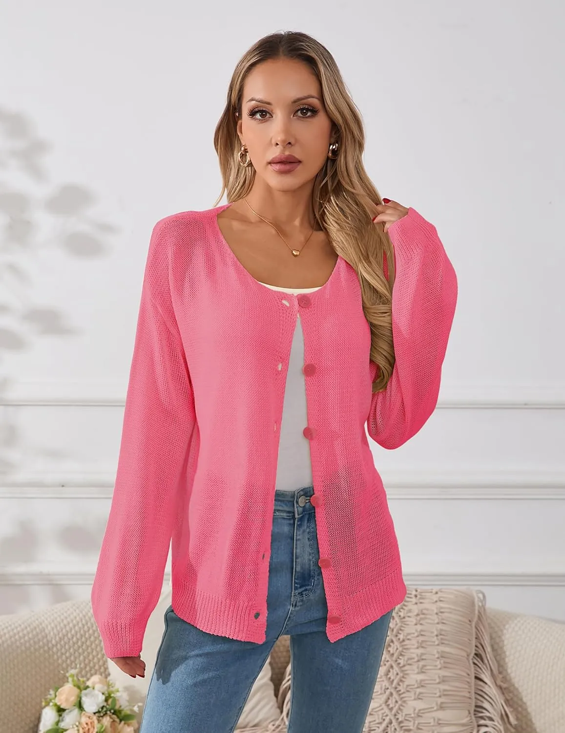Womens Oversized Lightweight Sheer Button Cardigan Spring 2025 Trendy Solid Ribbed Knit Long Sleeve Thin Sweater