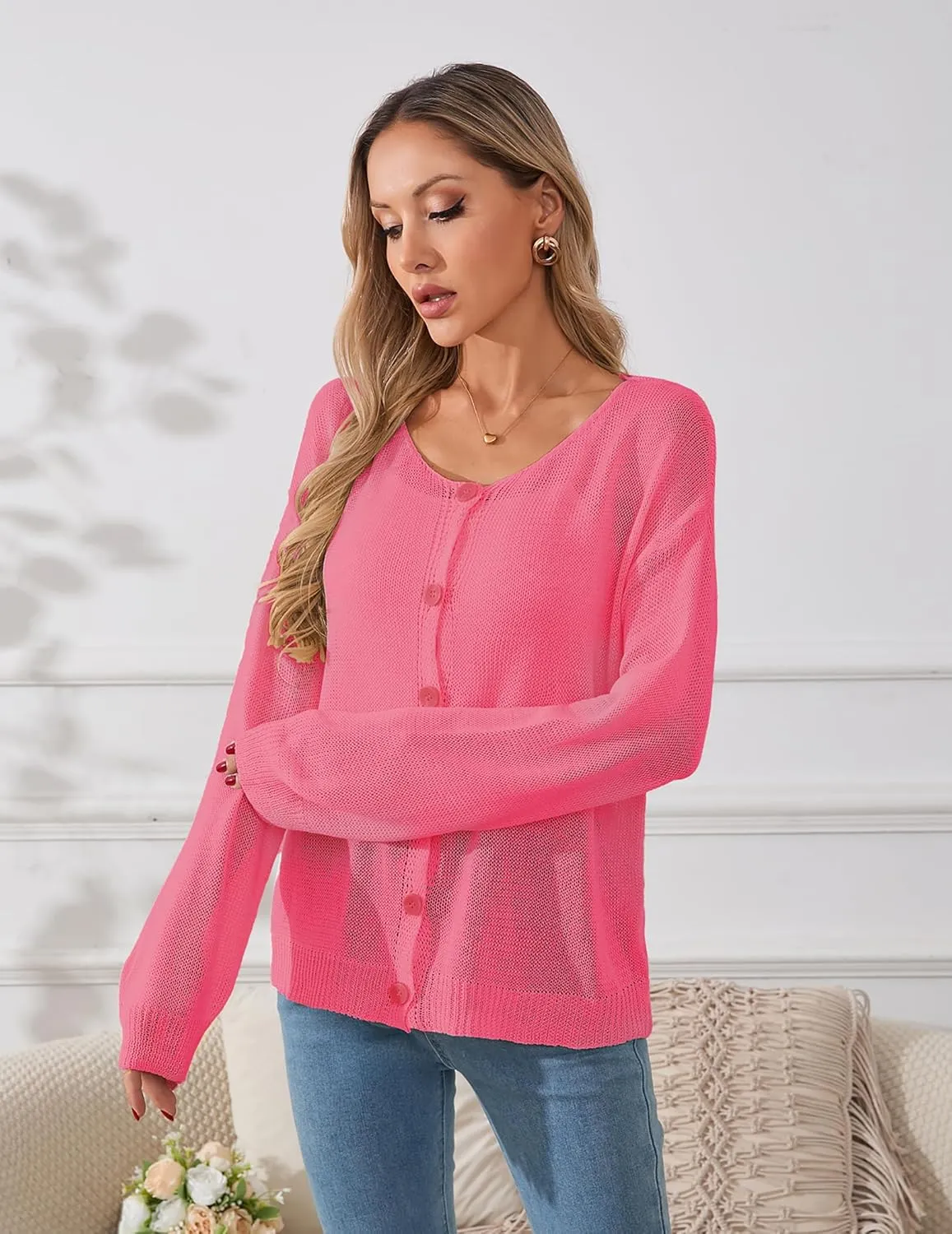 Womens Oversized Lightweight Sheer Button Cardigan Spring 2025 Trendy Solid Ribbed Knit Long Sleeve Thin Sweater