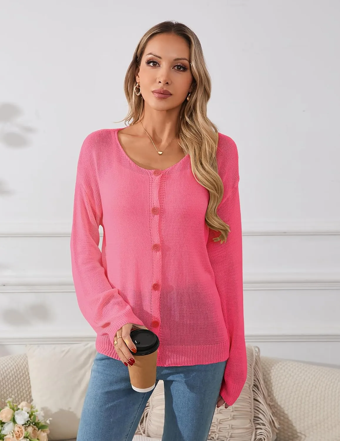 Womens Oversized Lightweight Sheer Button Cardigan Spring 2025 Trendy Solid Ribbed Knit Long Sleeve Thin Sweater