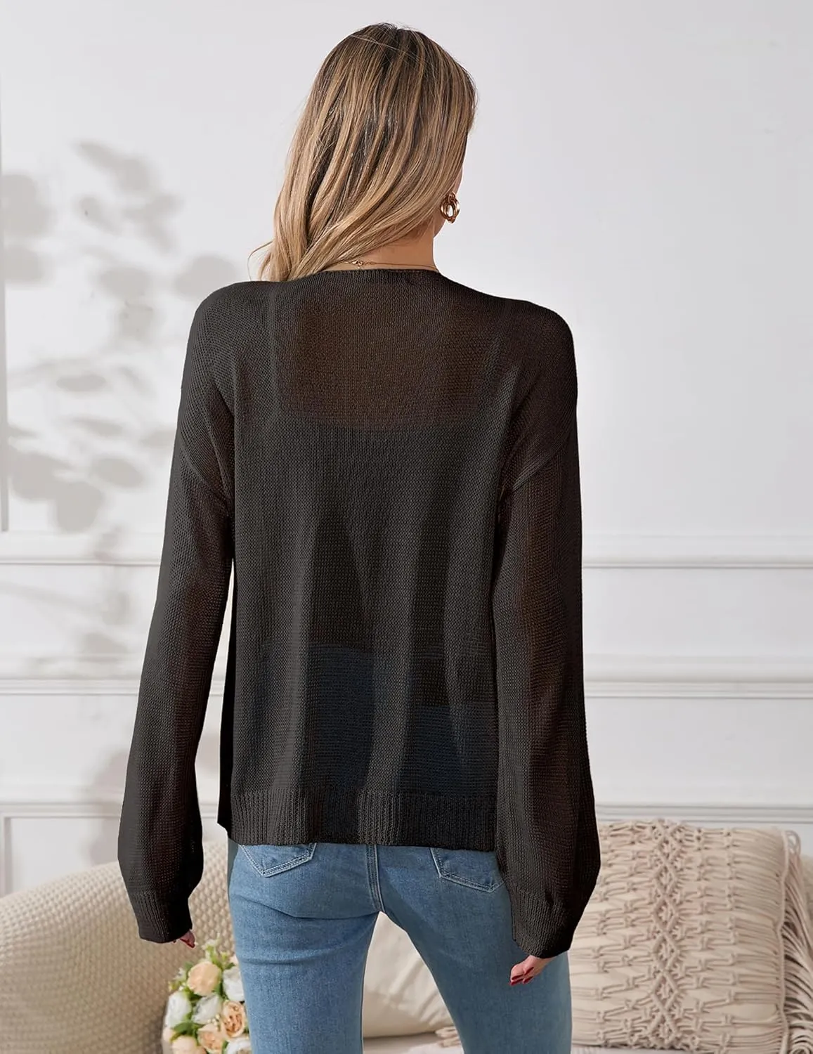 Womens Oversized Lightweight Sheer Button Cardigan Spring 2025 Trendy Solid Ribbed Knit Long Sleeve Thin Sweater