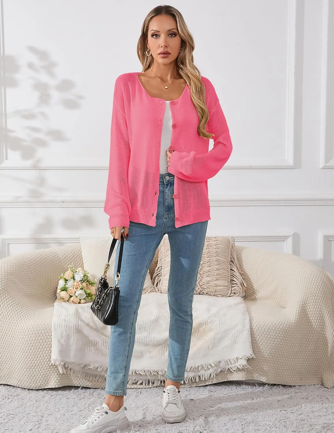 Womens Oversized Lightweight Sheer Button Cardigan Spring 2025 Trendy Solid Ribbed Knit Long Sleeve Thin Sweater
