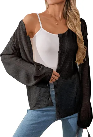 Womens Oversized Lightweight Sheer Button Cardigan Spring 2025 Trendy Solid Ribbed Knit Long Sleeve Thin Sweater