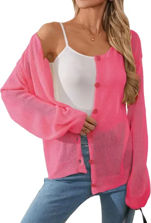 Womens Oversized Lightweight Sheer Button Cardigan Spring 2025 Trendy Solid Ribbed Knit Long Sleeve Thin Sweater