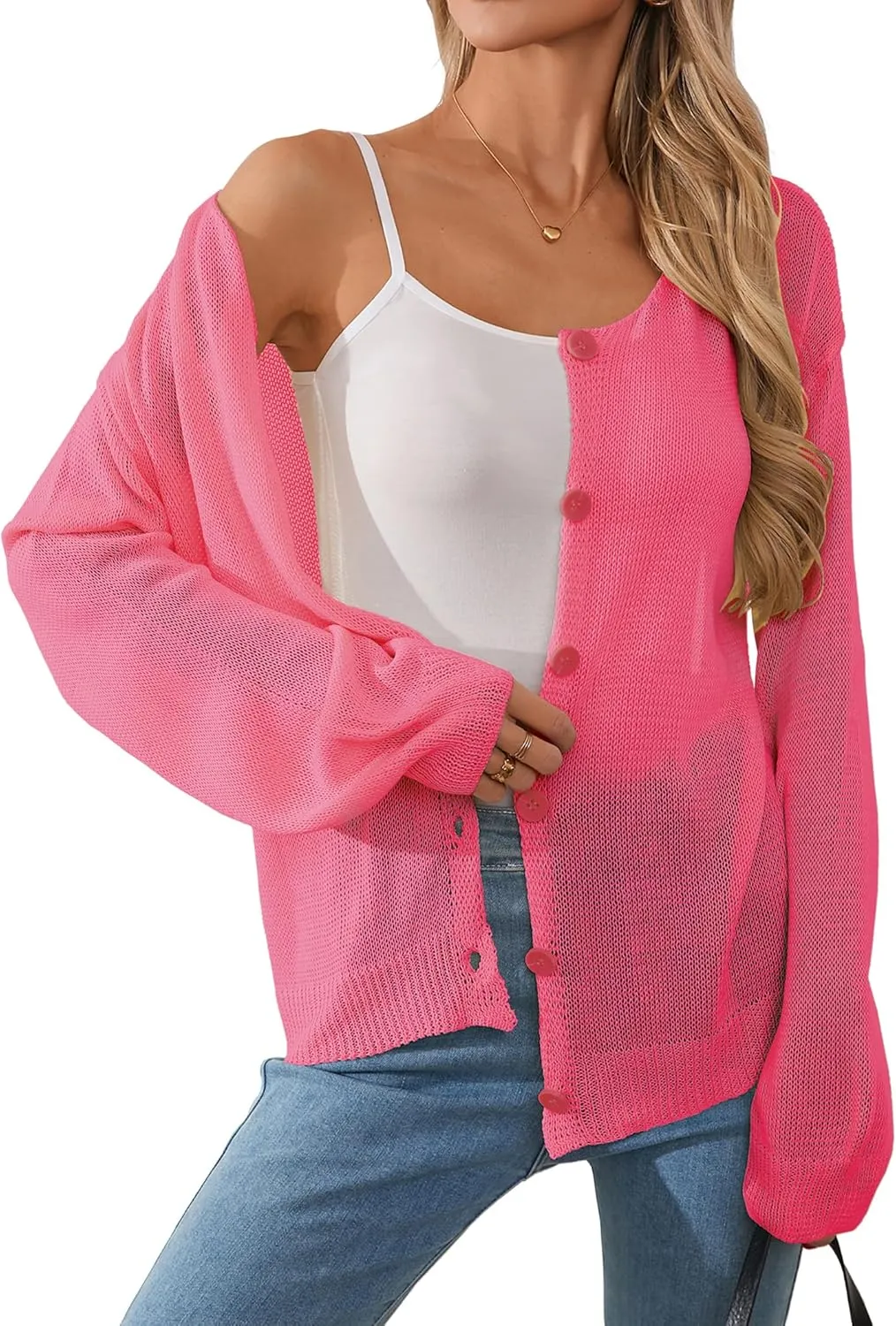 Womens Oversized Lightweight Sheer Button Cardigan Spring 2025 Trendy Solid Ribbed Knit Long Sleeve Thin Sweater
