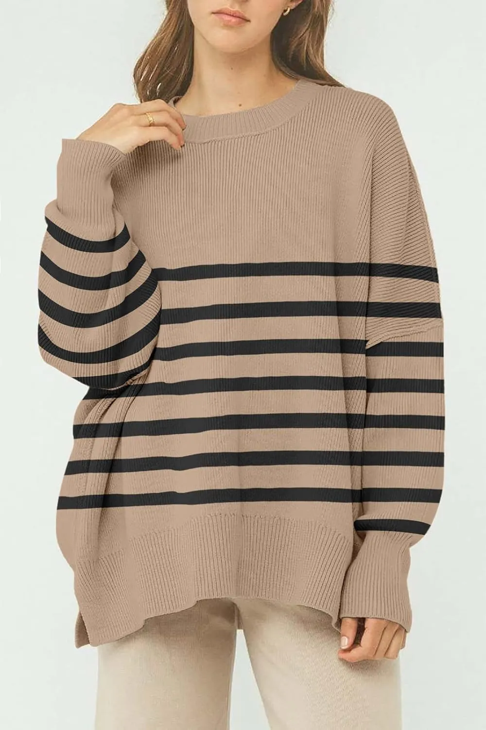 Womens Sweaters Casual Zipper Neck Knit Tops Batwing Sleeve Oversized Sweatshirt Stripes Pullover Sweater Side Split