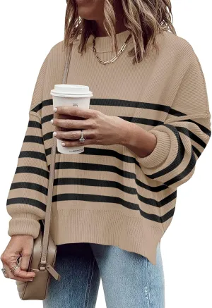 Womens Sweaters Casual Zipper Neck Knit Tops Batwing Sleeve Oversized Sweatshirt Stripes Pullover Sweater Side Split