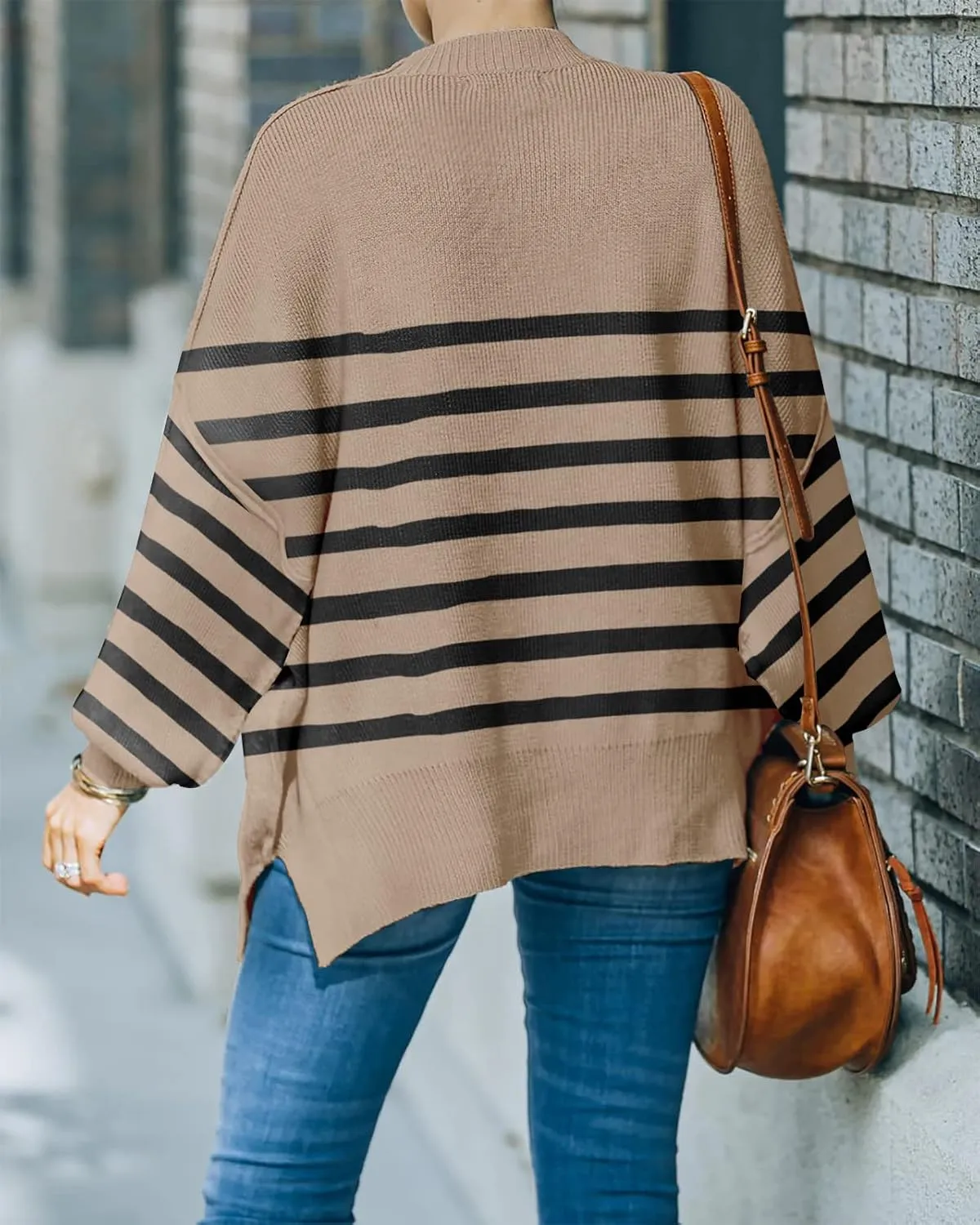 Womens Sweaters Casual Zipper Neck Knit Tops Batwing Sleeve Oversized Sweatshirt Stripes Pullover Sweater Side Split