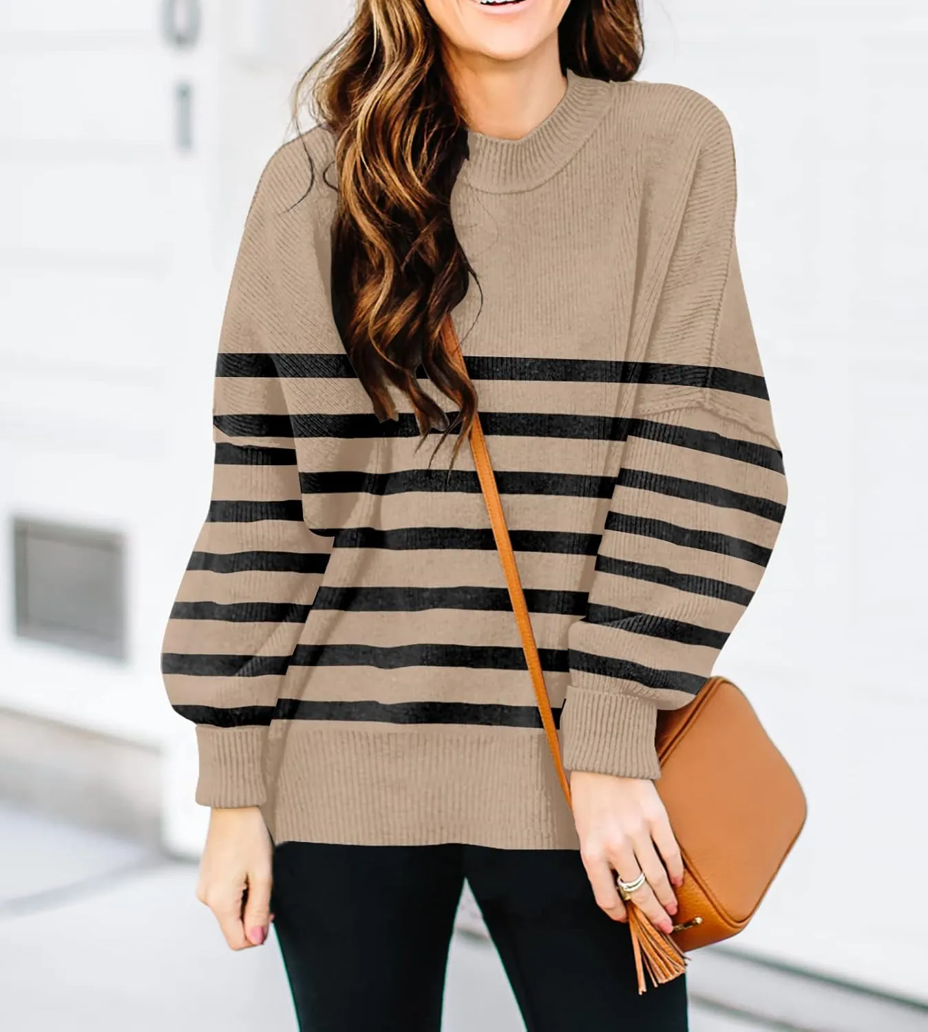 Womens Sweaters Casual Zipper Neck Knit Tops Batwing Sleeve Oversized Sweatshirt Stripes Pullover Sweater Side Split