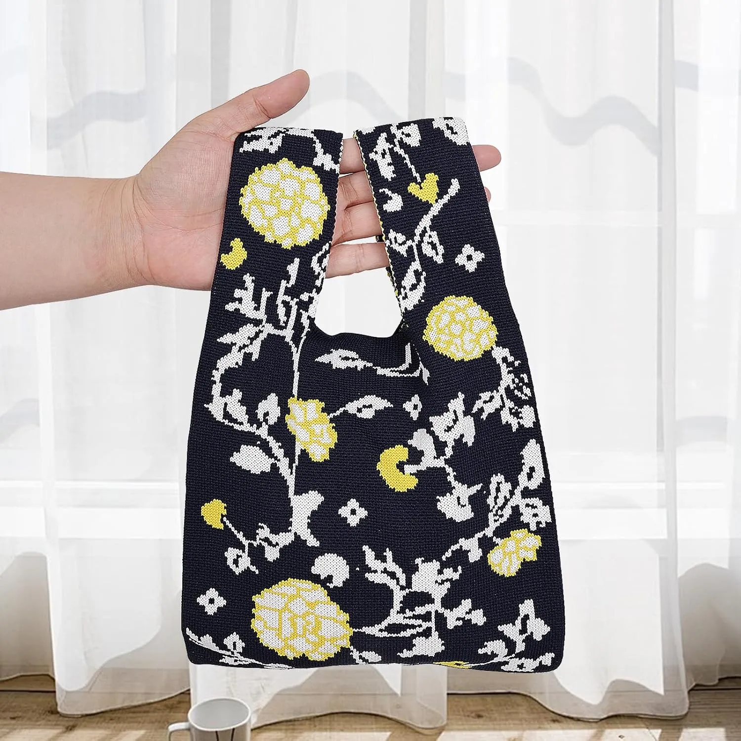 Wrist Knot Tote Bag Pouch Portable Knit Purse Crochet Bag, Mini Cute Wristlet Handbag for Women