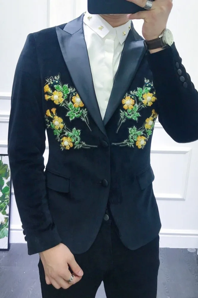 Yellow Flower Patch Embroidery Detail Men Blazer