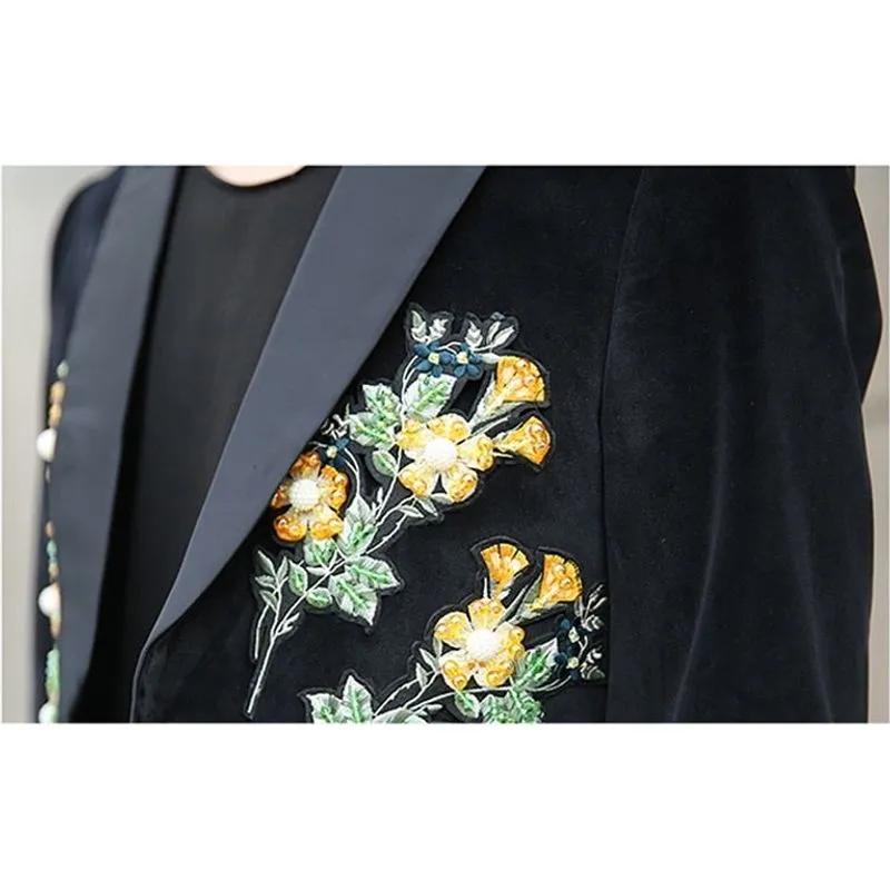 Yellow Flower Patch Embroidery Detail Men Blazer