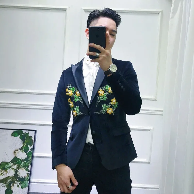 Yellow Flower Patch Embroidery Detail Men Blazer