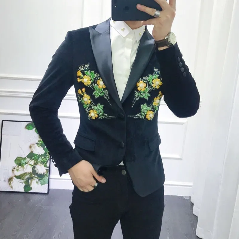 Yellow Flower Patch Embroidery Detail Men Blazer