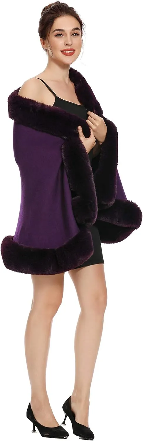 ZLYC Women Winter Faux Fur Shawl Stole Warm Wrap Cape