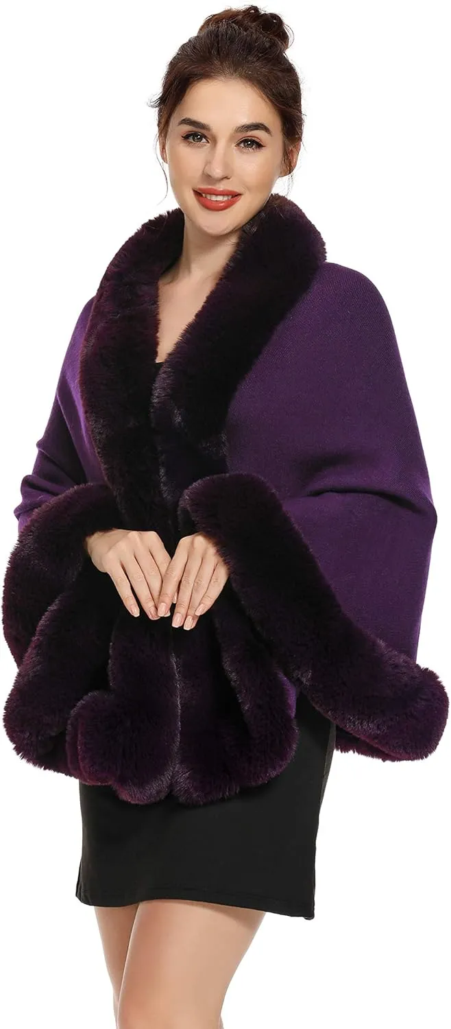 ZLYC Women Winter Faux Fur Shawl Stole Warm Wrap Cape